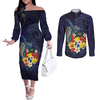 Tonga Vava'u Humpback Whale Blue Water Couples Matching Off The Shoulder Long Sleeve Dress and Long Sleeve Button Shirt Polynesian Hibiscus Flowers LT03 Blue - Polynesian Pride