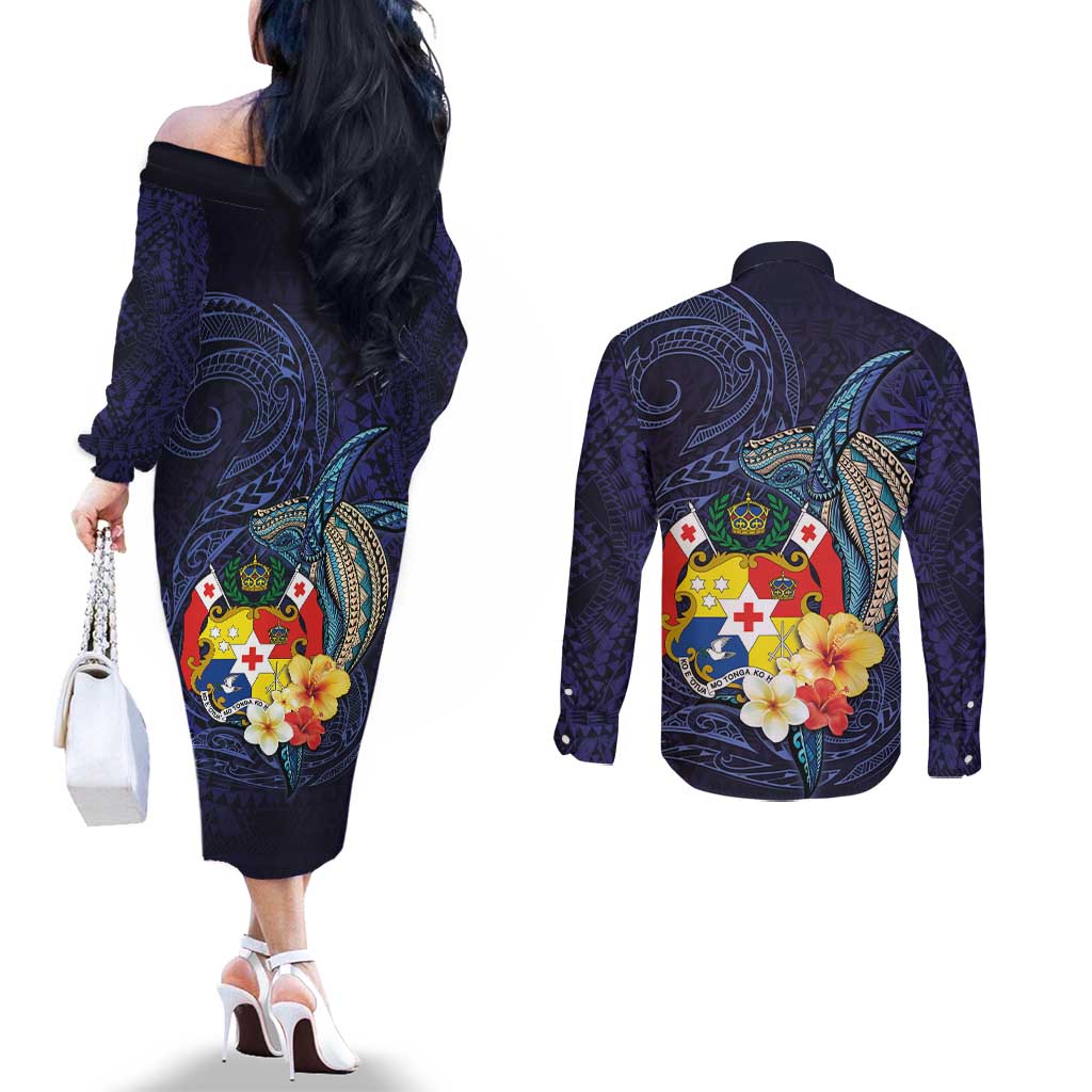 Tonga Vava'u Humpback Whale Blue Water Couples Matching Off The Shoulder Long Sleeve Dress and Long Sleeve Button Shirt Polynesian Hibiscus Flowers LT03 - Polynesian Pride