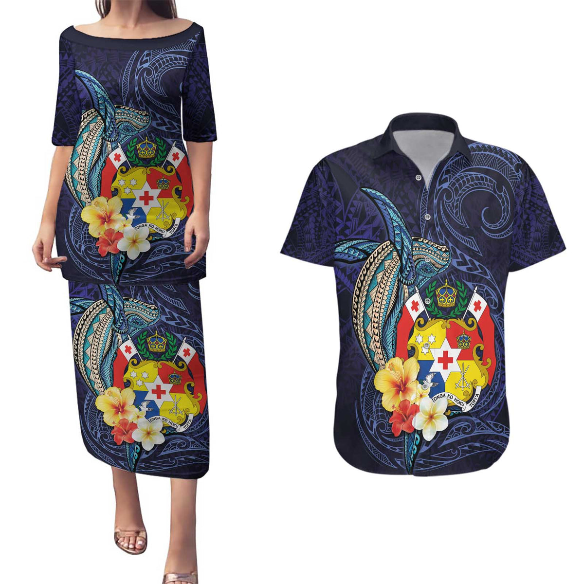 Tonga Vava'u Humpback Whale Blue Water Couples Matching Puletasi and Hawaiian Shirt Polynesian Hibiscus Flowers LT03 Blue - Polynesian Pride