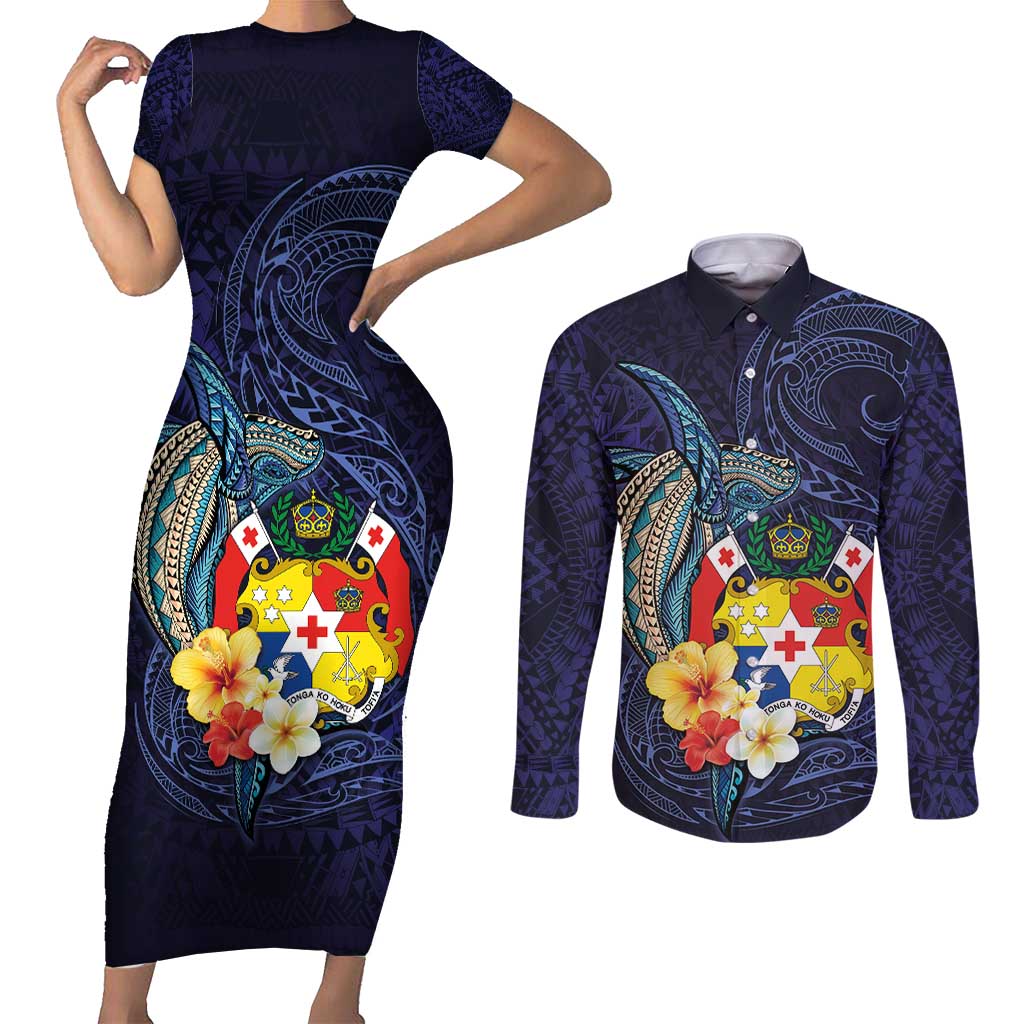 Tonga Vava'u Humpback Whale Blue Water Couples Matching Short Sleeve Bodycon Dress and Long Sleeve Button Shirt Polynesian Hibiscus Flowers LT03 Blue - Polynesian Pride