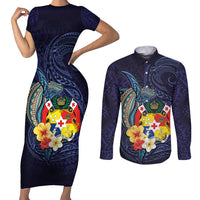 Tonga Vava'u Humpback Whale Blue Water Couples Matching Short Sleeve Bodycon Dress and Long Sleeve Button Shirt Polynesian Hibiscus Flowers LT03 Blue - Polynesian Pride