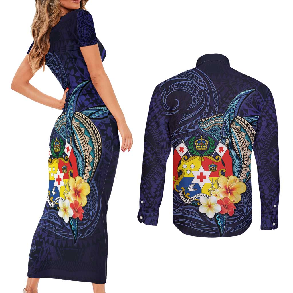 Tonga Vava'u Humpback Whale Blue Water Couples Matching Short Sleeve Bodycon Dress and Long Sleeve Button Shirt Polynesian Hibiscus Flowers LT03 - Polynesian Pride