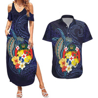 Tonga Vava'u Humpback Whale Blue Water Couples Matching Summer Maxi Dress and Hawaiian Shirt Polynesian Hibiscus Flowers LT03 Blue - Polynesian Pride