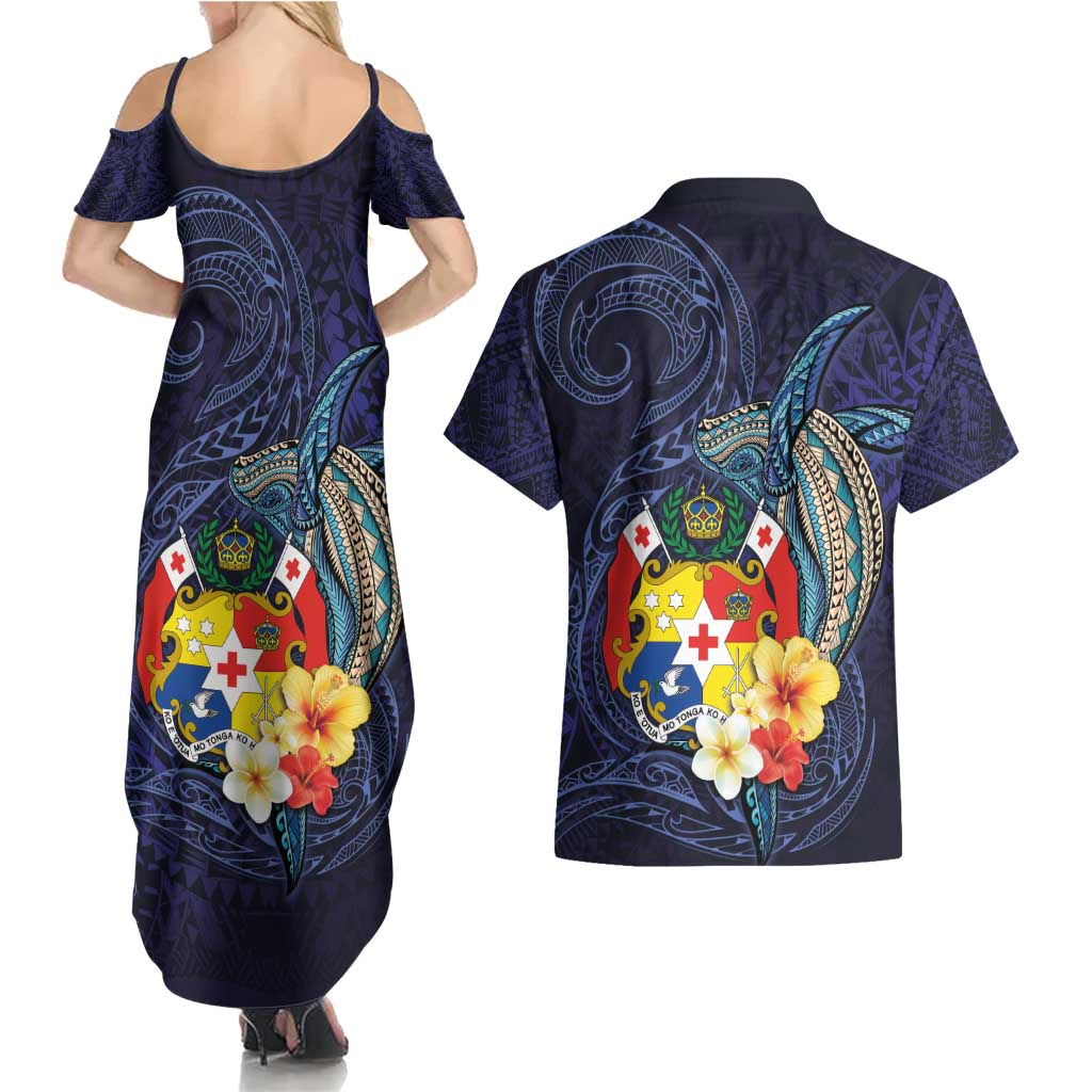 Tonga Vava'u Humpback Whale Blue Water Couples Matching Summer Maxi Dress and Hawaiian Shirt Polynesian Hibiscus Flowers LT03 - Polynesian Pride