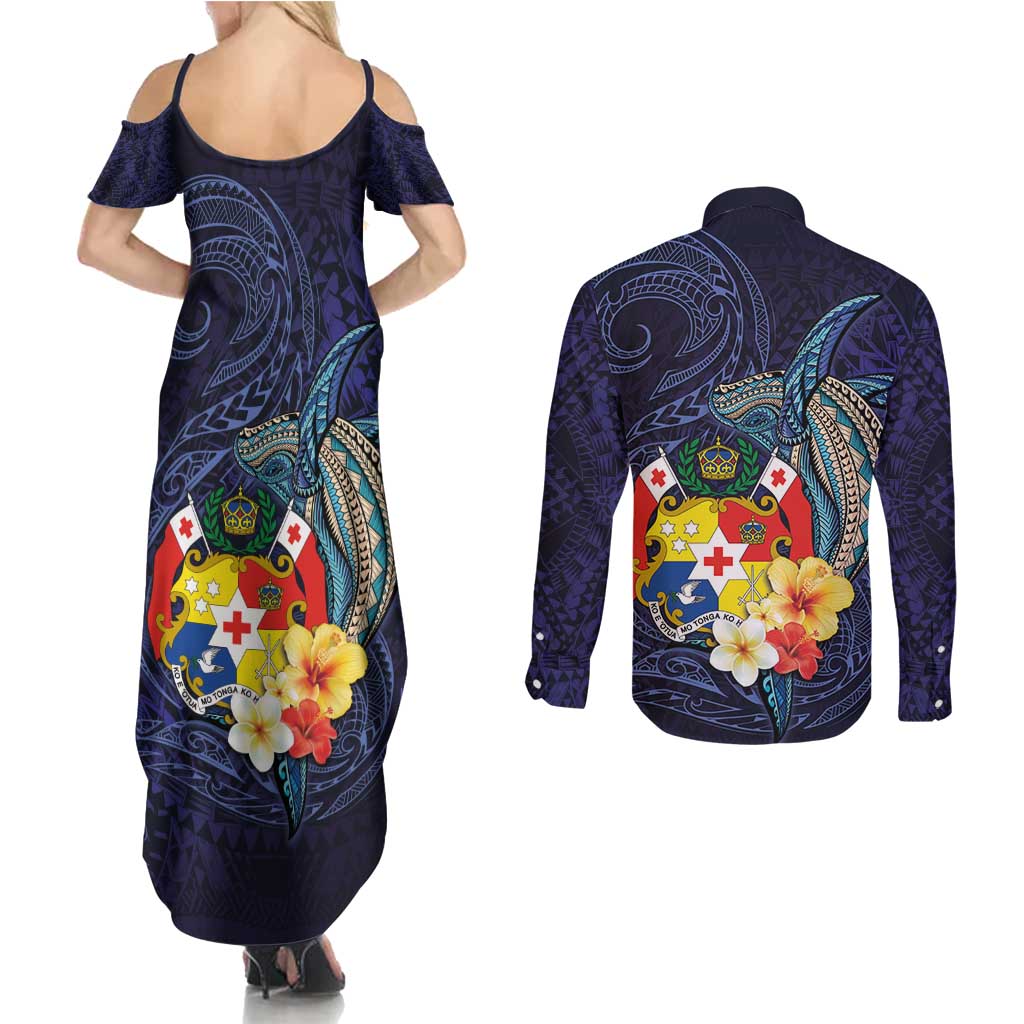 Tonga Vava'u Humpback Whale Blue Water Couples Matching Summer Maxi Dress and Long Sleeve Button Shirt Polynesian Hibiscus Flowers LT03 - Polynesian Pride