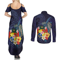 Tonga Vava'u Humpback Whale Blue Water Couples Matching Summer Maxi Dress and Long Sleeve Button Shirt Polynesian Hibiscus Flowers LT03 - Polynesian Pride
