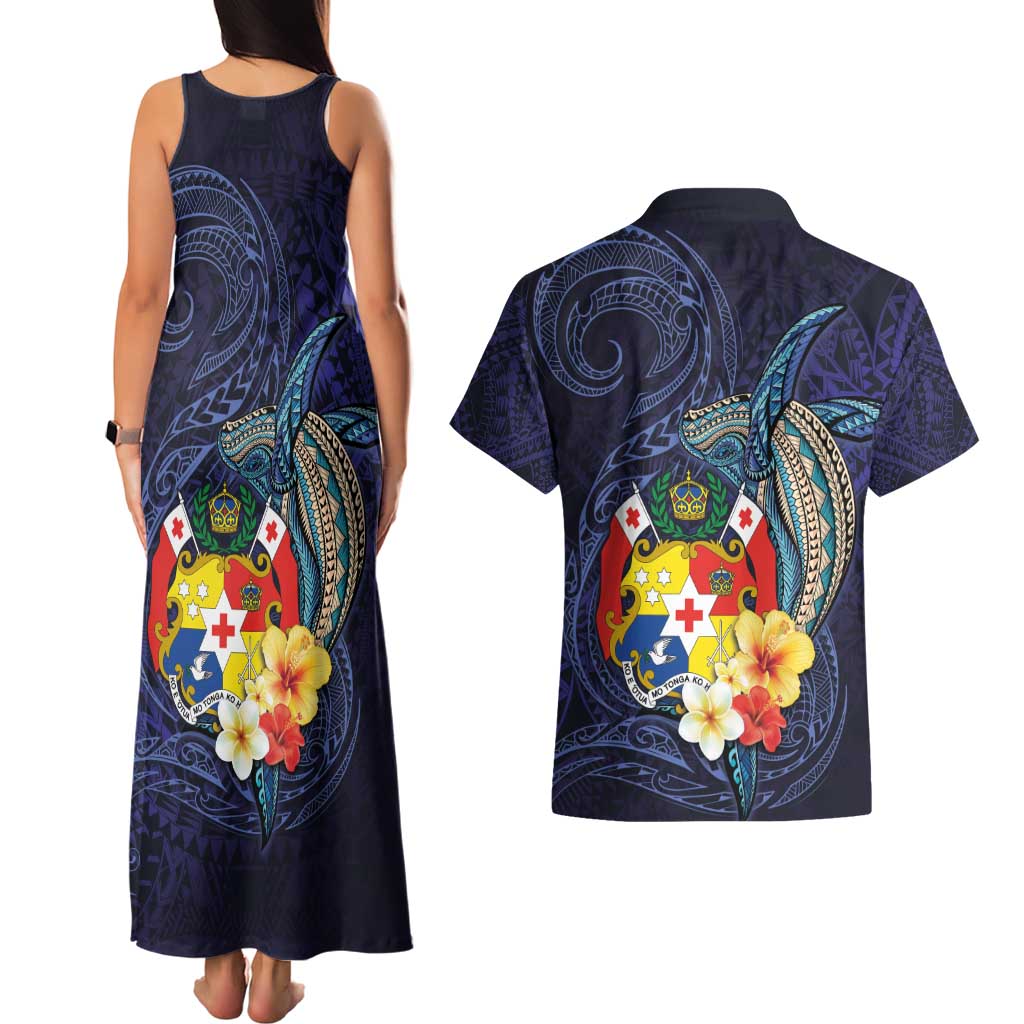Tonga Vava'u Humpback Whale Blue Water Couples Matching Tank Maxi Dress and Hawaiian Shirt Polynesian Hibiscus Flowers LT03 - Polynesian Pride