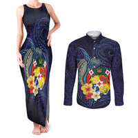 Tonga Vava'u Humpback Whale Blue Water Couples Matching Tank Maxi Dress and Long Sleeve Button Shirt Polynesian Hibiscus Flowers LT03 Blue - Polynesian Pride