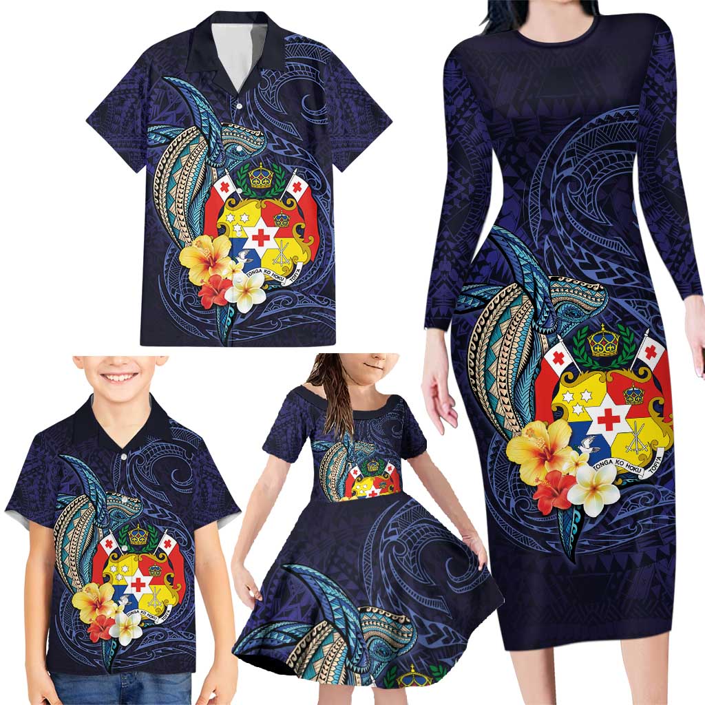 Tonga Vava'u Humpback Whale Blue Water Family Matching Long Sleeve Bodycon Dress and Hawaiian Shirt Polynesian Hibiscus Flowers LT03 - Polynesian Pride