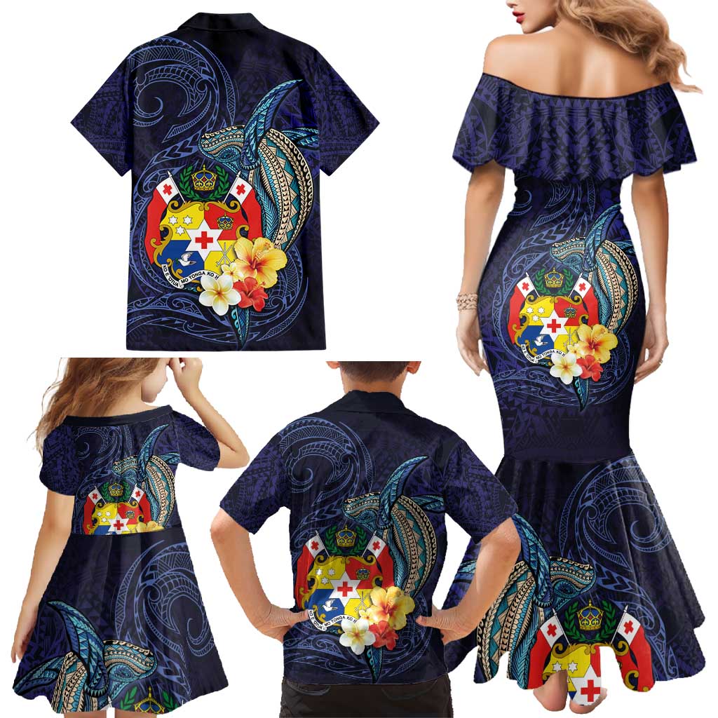 Tonga Vava'u Humpback Whale Blue Water Family Matching Mermaid Dress and Hawaiian Shirt Polynesian Hibiscus Flowers LT03 - Polynesian Pride