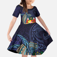 Tonga Vava'u Humpback Whale Blue Water Family Matching Off The Shoulder Long Sleeve Dress and Hawaiian Shirt Polynesian Hibiscus Flowers LT03 Daughter's Dress Blue - Polynesian Pride
