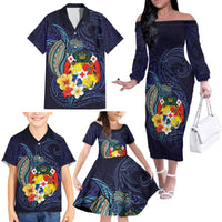 Tonga Vava'u Humpback Whale Blue Water Family Matching Off The Shoulder Long Sleeve Dress and Hawaiian Shirt Polynesian Hibiscus Flowers LT03 - Polynesian Pride
