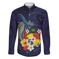 Tonga Vava'u Humpback Whale Blue Water Family Matching Off The Shoulder Long Sleeve Dress and Hawaiian Shirt Polynesian Hibiscus Flowers LT03 Dad's Shirt - Long Sleeve Blue - Polynesian Pride