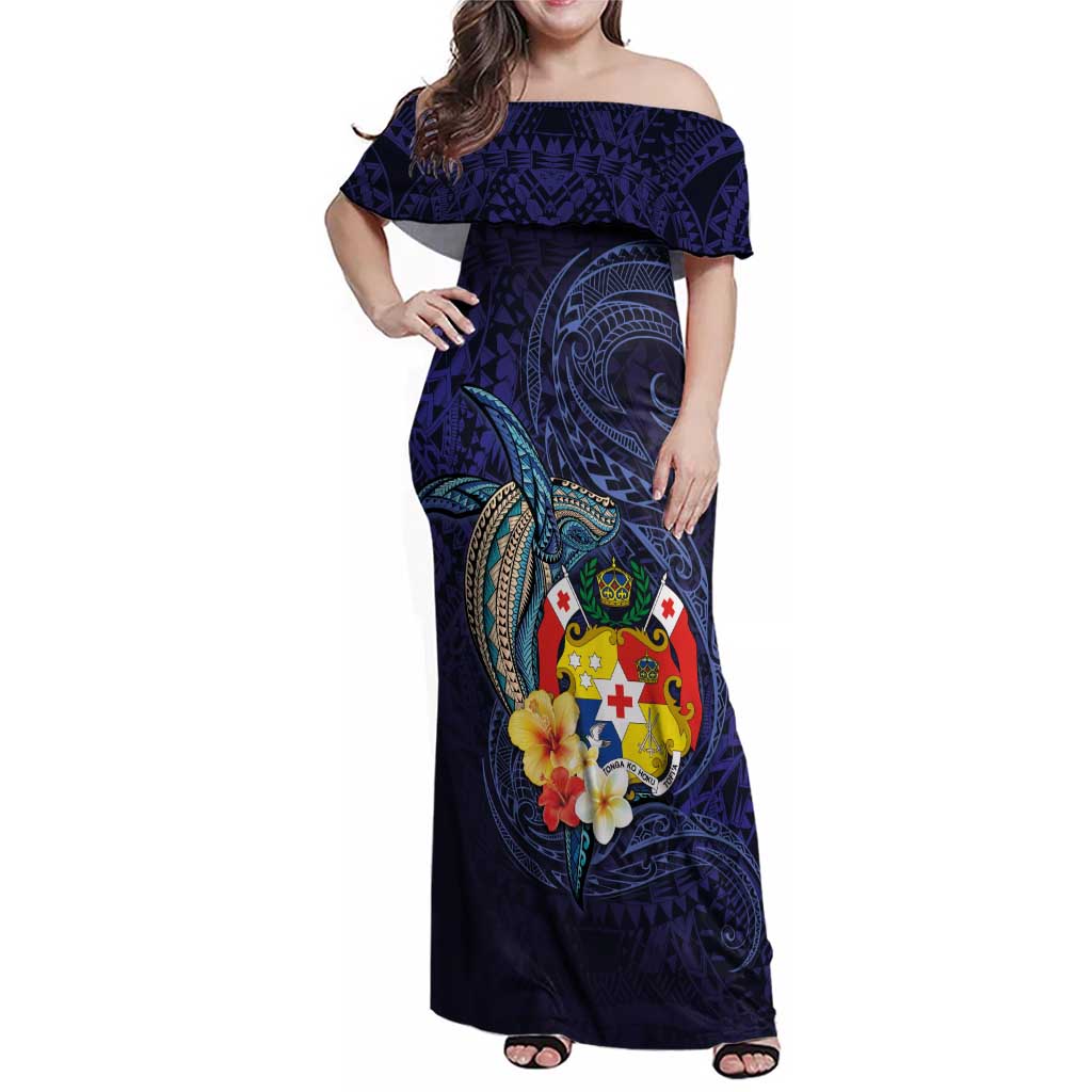 Tonga Vava'u Humpback Whale Blue Water Family Matching Off Shoulder Maxi Dress and Hawaiian Shirt Polynesian Hibiscus Flowers LT03 Mom's Dress Blue - Polynesian Pride