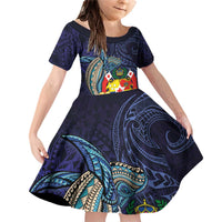 Tonga Vava'u Humpback Whale Blue Water Family Matching Off Shoulder Short Dress and Hawaiian Shirt Polynesian Hibiscus Flowers LT03 Daughter's Dress Blue - Polynesian Pride