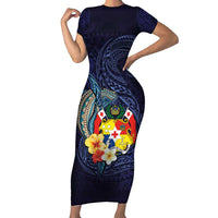 Tonga Vava'u Humpback Whale Blue Water Family Matching Short Sleeve Bodycon Dress and Hawaiian Shirt Polynesian Hibiscus Flowers LT03 Mom's Dress Blue - Polynesian Pride