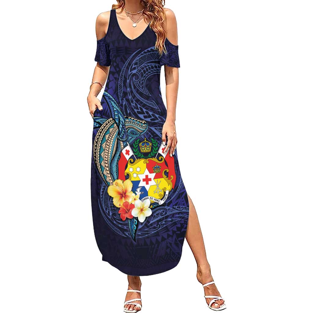 Tonga Vava'u Humpback Whale Blue Water Family Matching Summer Maxi Dress and Hawaiian Shirt Polynesian Hibiscus Flowers LT03 Mom's Dress Blue - Polynesian Pride