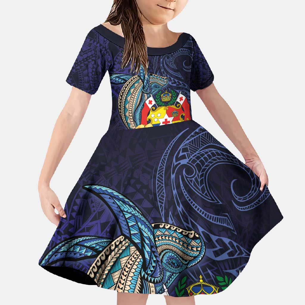 Tonga Vava'u Humpback Whale Blue Water Family Matching Tank Maxi Dress and Hawaiian Shirt Polynesian Hibiscus Flowers LT03 Daughter's Dress Blue - Polynesian Pride