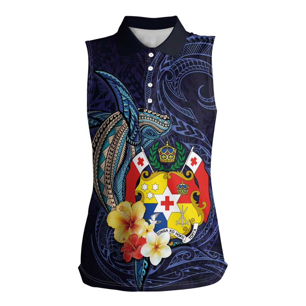 Tonga Vava'u Humpback Whale Blue Water Women Sleeveless Polo Shirt Polynesian Hibiscus Flowers LT03 Female Blue - Polynesian Pride