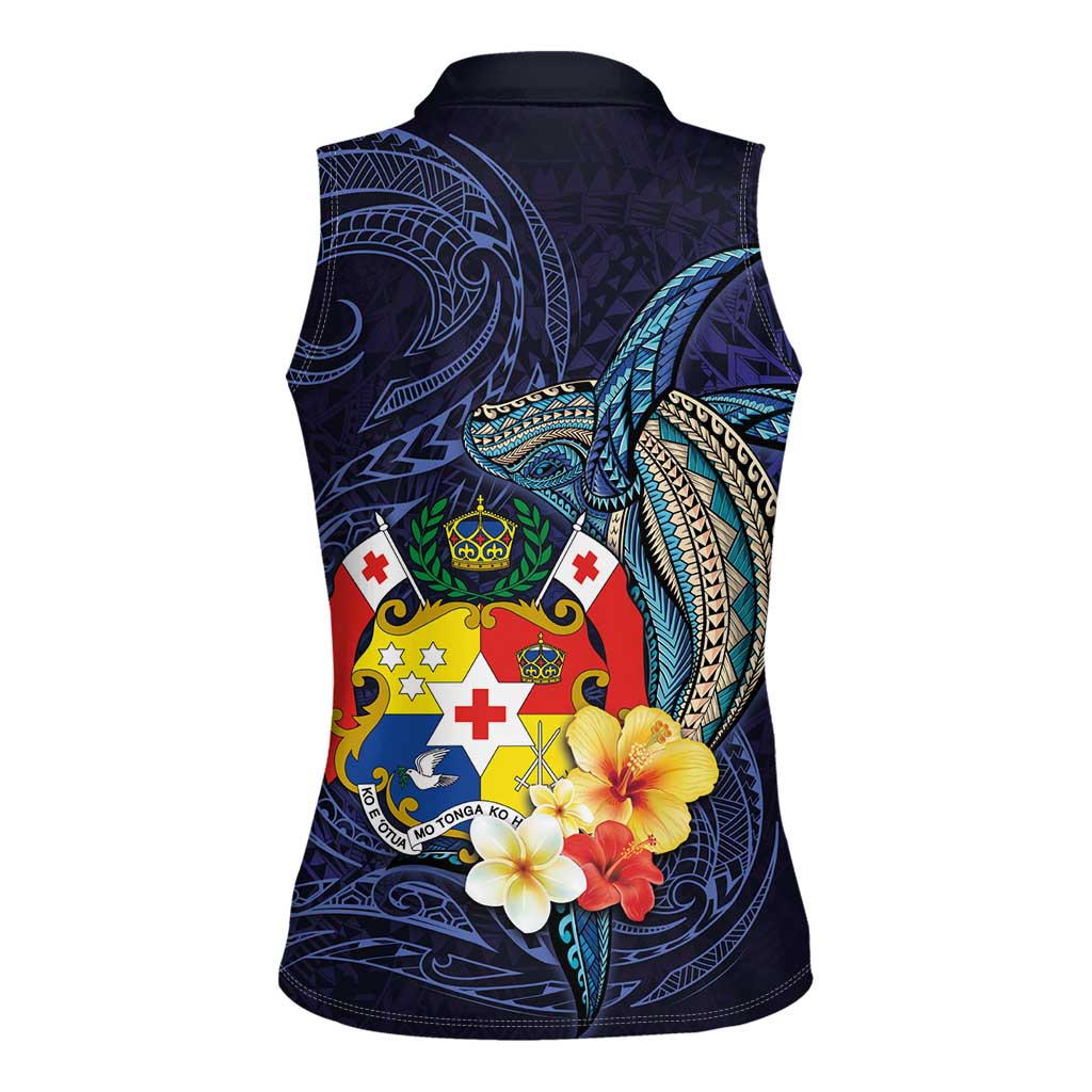 Tonga Vava'u Humpback Whale Blue Water Women Sleeveless Polo Shirt Polynesian Hibiscus Flowers LT03 - Polynesian Pride