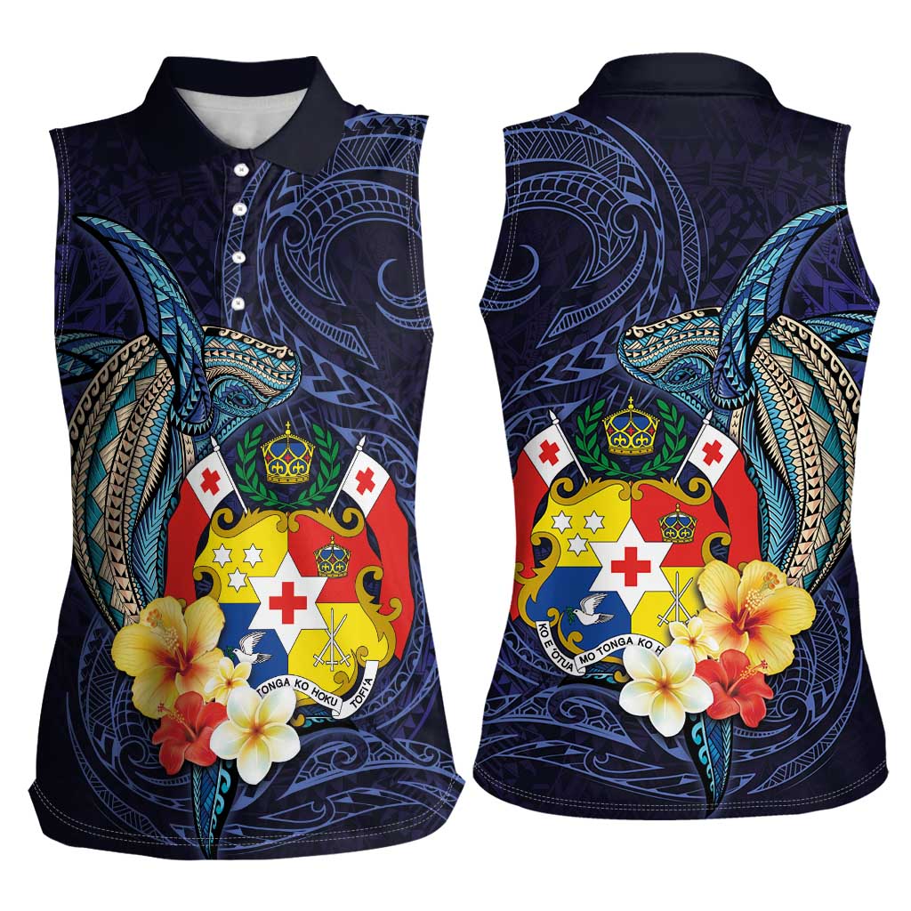 Tonga Vava'u Humpback Whale Blue Water Women Sleeveless Polo Shirt Polynesian Hibiscus Flowers LT03 - Polynesian Pride