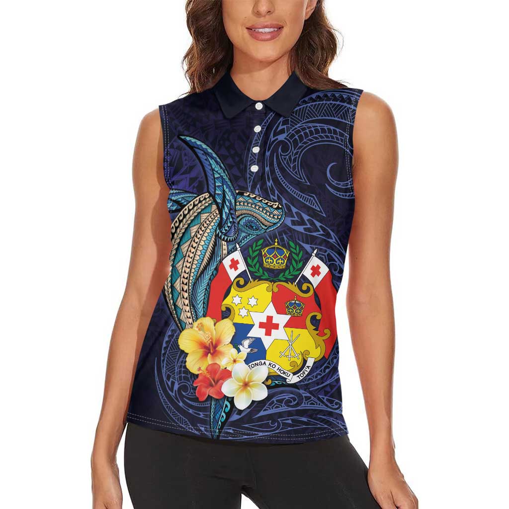 Tonga Vava'u Humpback Whale Blue Water Women Sleeveless Polo Shirt Polynesian Hibiscus Flowers LT03 - Polynesian Pride