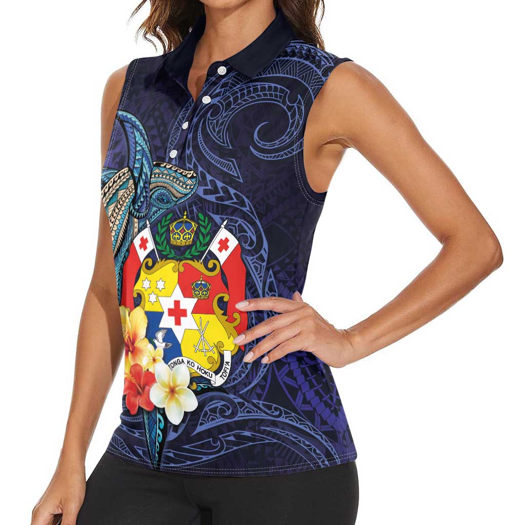 Tonga Vava'u Humpback Whale Blue Water Women Sleeveless Polo Shirt Polynesian Hibiscus Flowers LT03 - Polynesian Pride