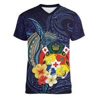 Tonga Vava'u Humpback Whale Blue Water Women V-Neck T-Shirt Polynesian Hibiscus Flowers LT03 Female Blue - Polynesian Pride