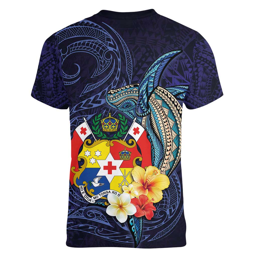 Tonga Vava'u Humpback Whale Blue Water Women V-Neck T-Shirt Polynesian Hibiscus Flowers LT03 - Polynesian Pride