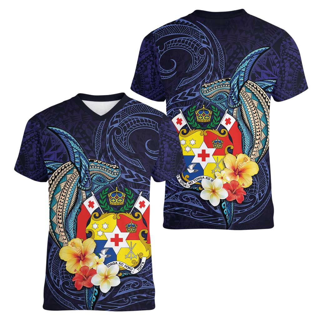 Tonga Vava'u Humpback Whale Blue Water Women V-Neck T-Shirt Polynesian Hibiscus Flowers LT03 - Polynesian Pride
