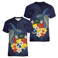 Tonga Vava'u Humpback Whale Blue Water Women V-Neck T-Shirt Polynesian Hibiscus Flowers LT03 - Polynesian Pride