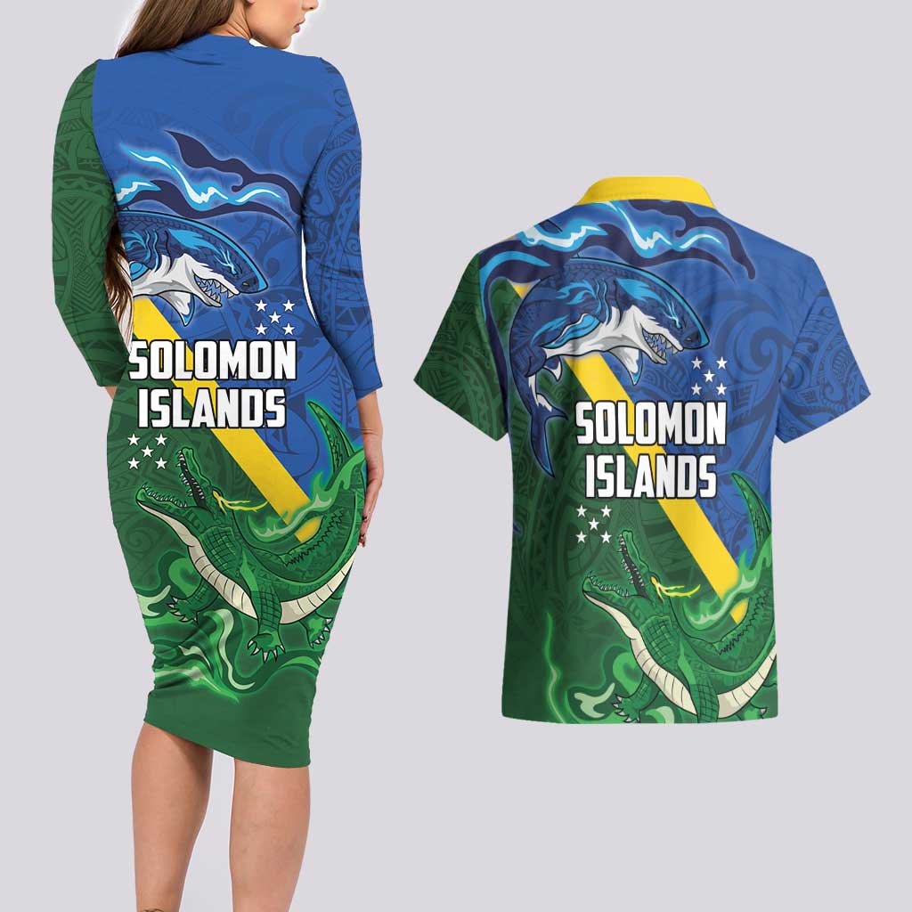 Solomon Islands Polynesian Tribal Shark and Crocodile Couples Matching Long Sleeve Bodycon Dress and Hawaiian Shirt LT03 - Polynesian Pride