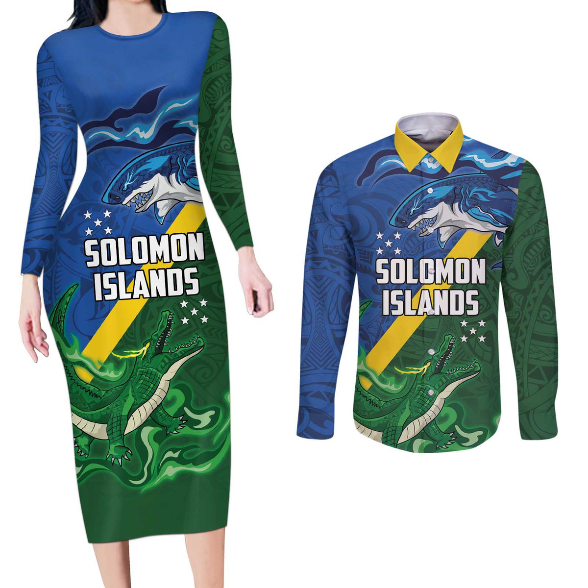 Solomon Islands Polynesian Tribal Shark and Crocodile Couples Matching Long Sleeve Bodycon Dress and Long Sleeve Button Shirt LT03 Blue - Polynesian Pride