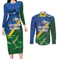 Solomon Islands Polynesian Tribal Shark and Crocodile Couples Matching Long Sleeve Bodycon Dress and Long Sleeve Button Shirt LT03 Blue - Polynesian Pride