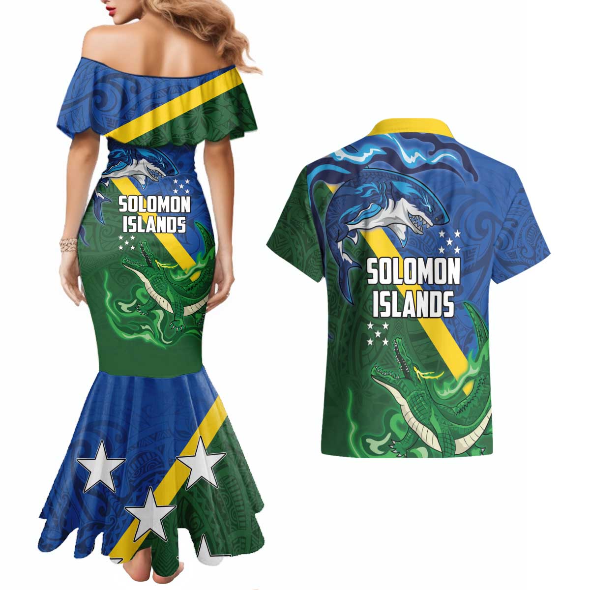 Solomon Islands Polynesian Tribal Shark and Crocodile Couples Matching Mermaid Dress and Hawaiian Shirt LT03 - Polynesian Pride