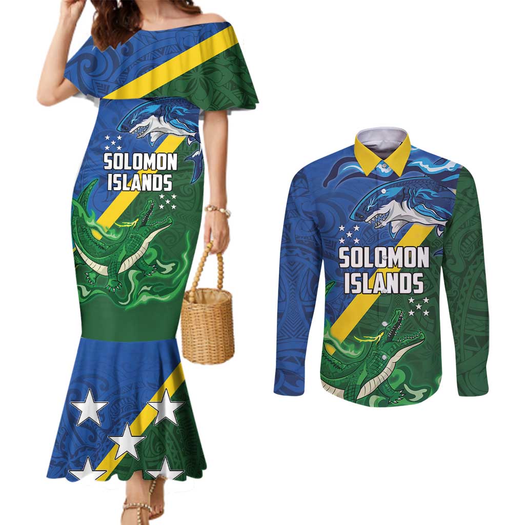 Solomon Islands Polynesian Tribal Shark and Crocodile Couples Matching Mermaid Dress and Long Sleeve Button Shirt LT03 Blue - Polynesian Pride