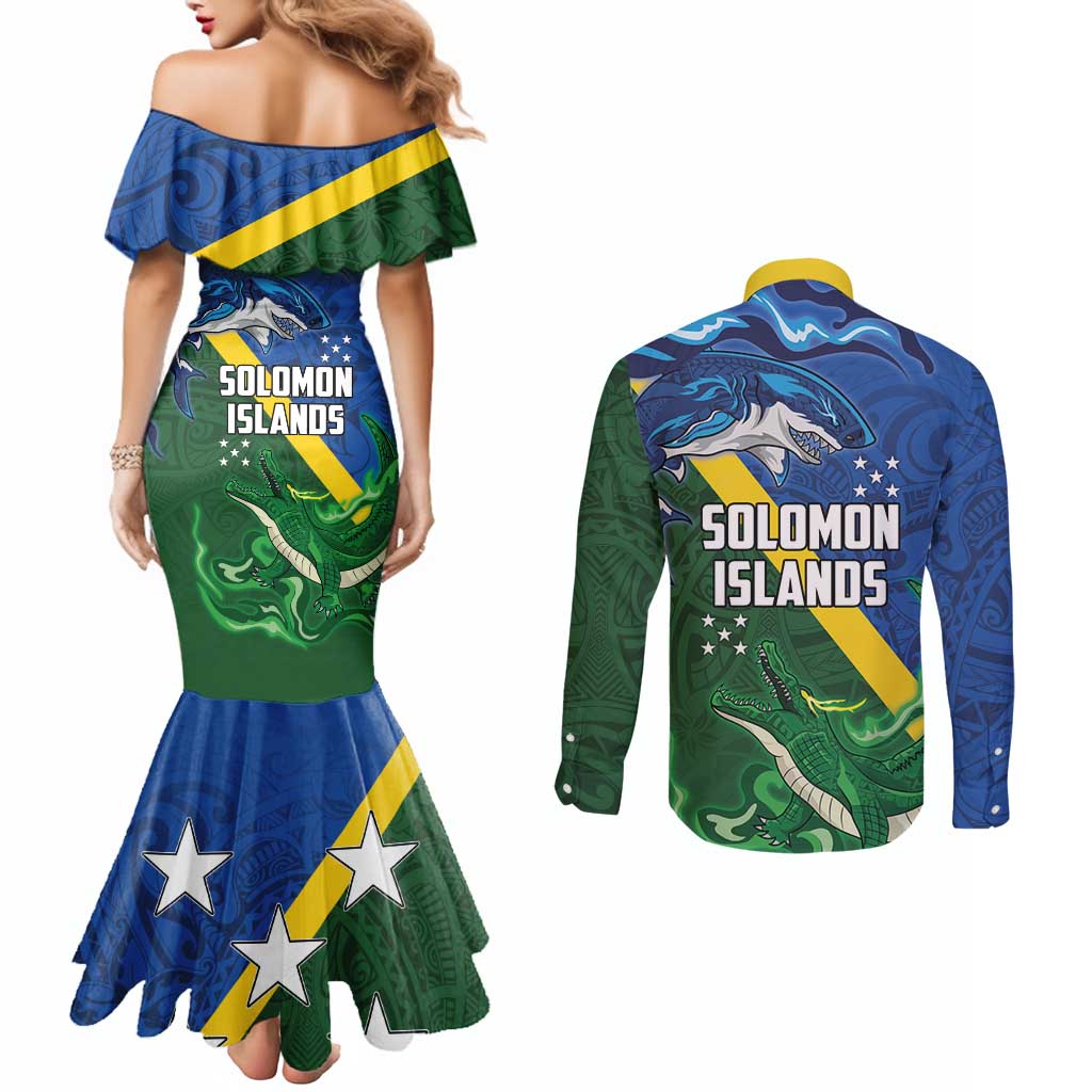 Solomon Islands Polynesian Tribal Shark and Crocodile Couples Matching Mermaid Dress and Long Sleeve Button Shirt LT03 - Polynesian Pride