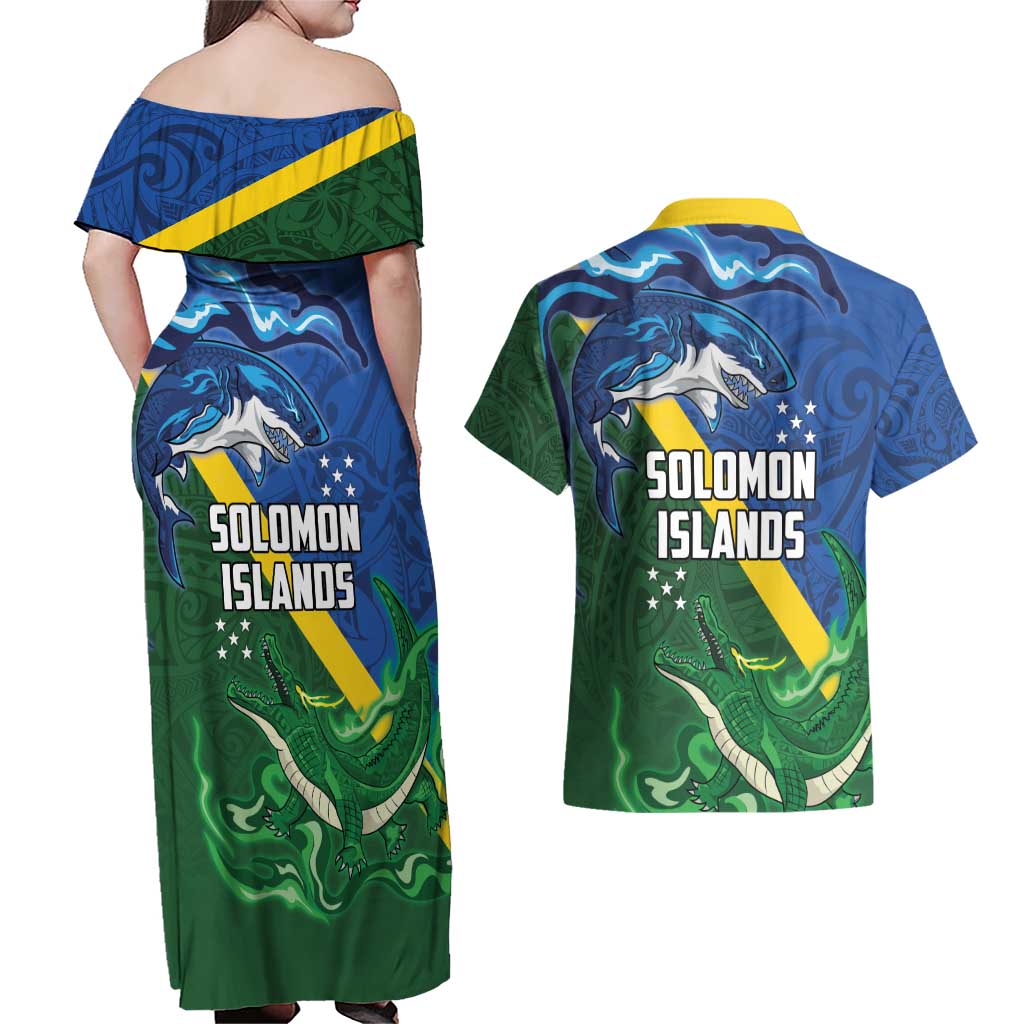 Solomon Islands Polynesian Tribal Shark and Crocodile Couples Matching Off Shoulder Maxi Dress and Hawaiian Shirt LT03 - Polynesian Pride