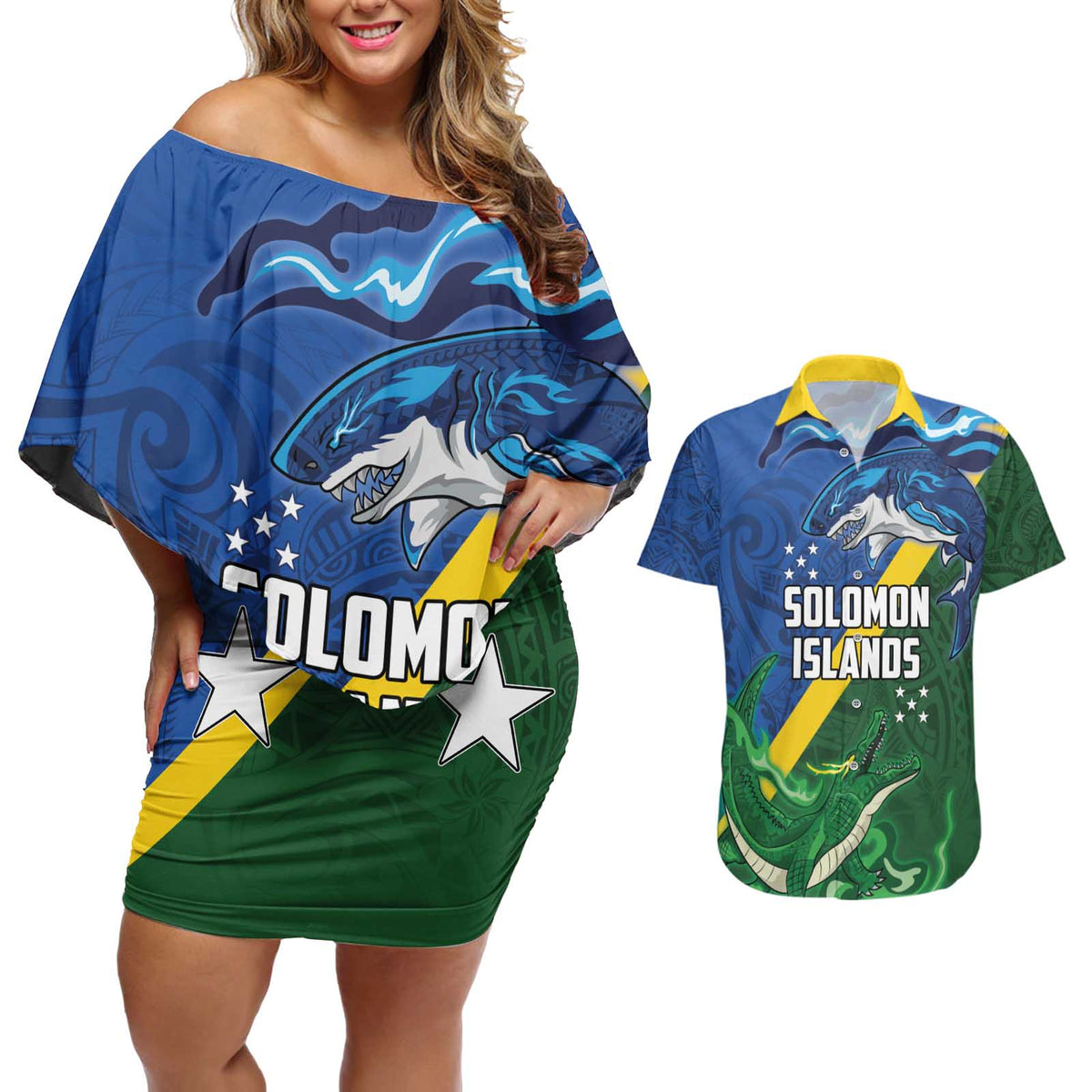 Solomon Islands Polynesian Tribal Shark and Crocodile Couples Matching Off Shoulder Short Dress and Hawaiian Shirt LT03 Blue - Polynesian Pride
