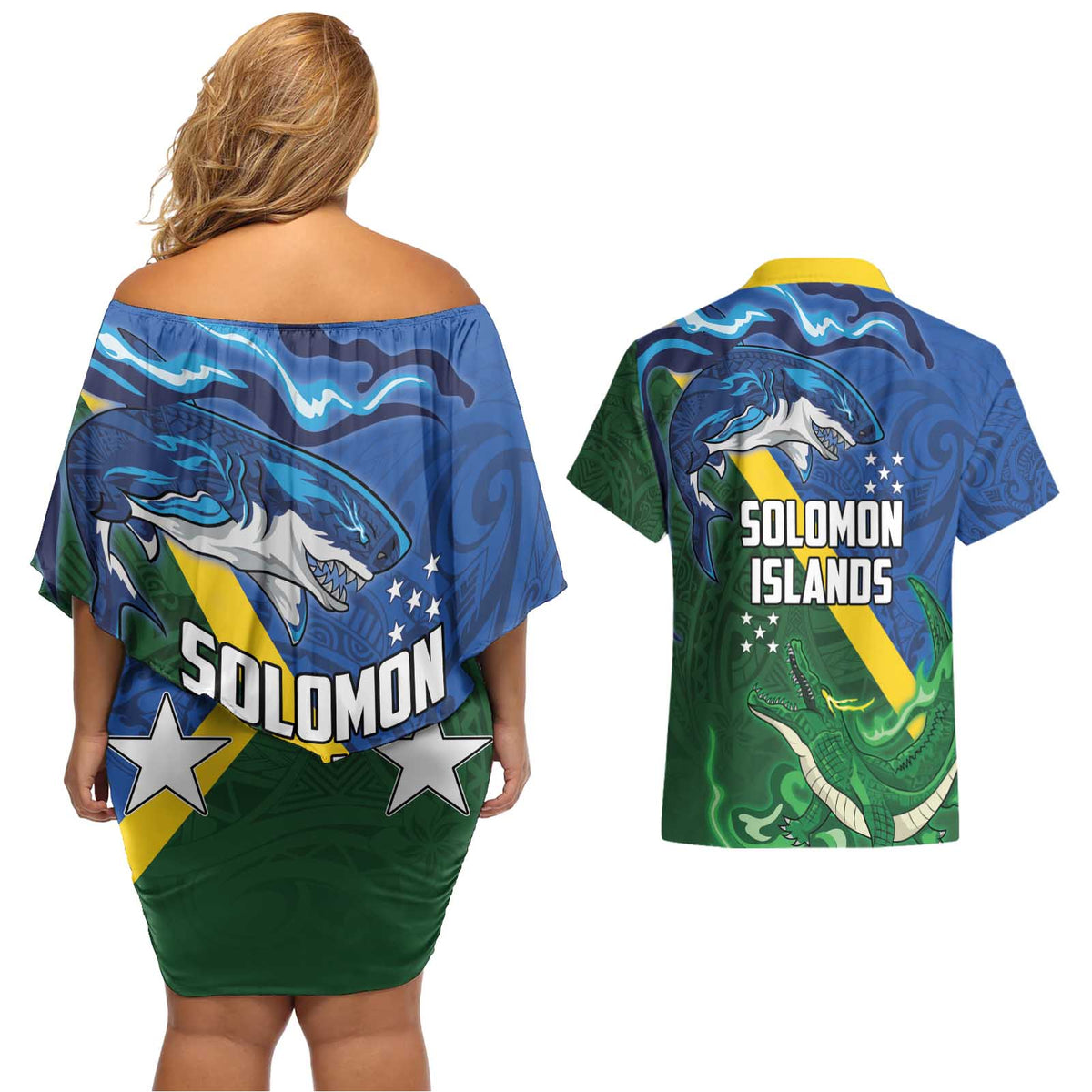 Solomon Islands Polynesian Tribal Shark and Crocodile Couples Matching Off Shoulder Short Dress and Hawaiian Shirt LT03 - Polynesian Pride