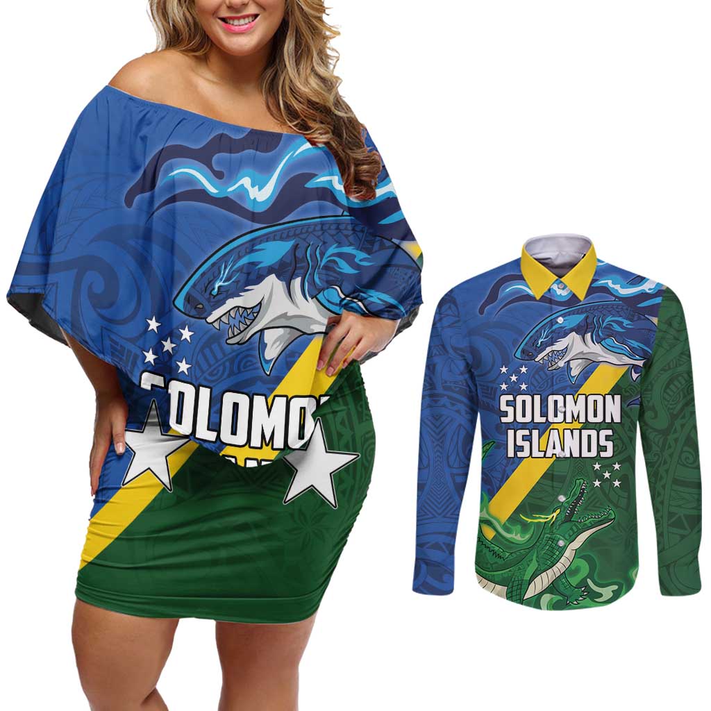 Solomon Islands Polynesian Tribal Shark and Crocodile Couples Matching Off Shoulder Short Dress and Long Sleeve Button Shirt LT03 Blue - Polynesian Pride