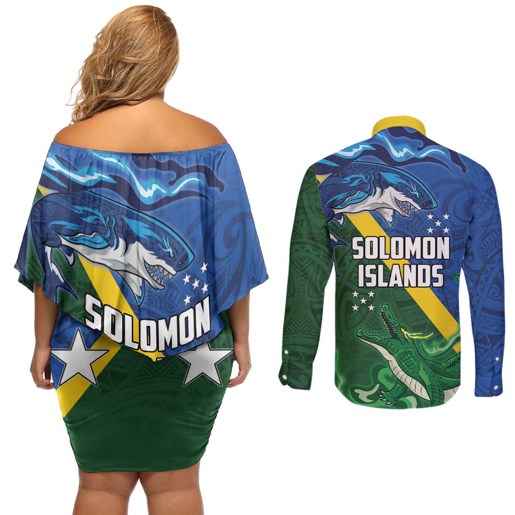 Solomon Islands Polynesian Tribal Shark and Crocodile Couples Matching Off Shoulder Short Dress and Long Sleeve Button Shirt LT03 - Polynesian Pride