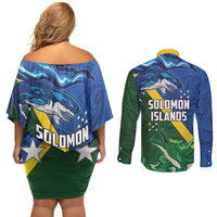 Solomon Islands Polynesian Tribal Shark and Crocodile Couples Matching Off Shoulder Short Dress and Long Sleeve Button Shirt LT03 - Polynesian Pride