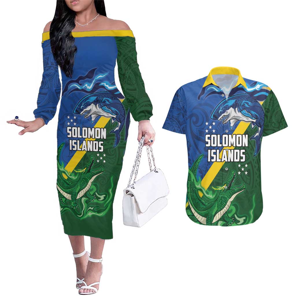 Solomon Islands Polynesian Tribal Shark and Crocodile Couples Matching Off The Shoulder Long Sleeve Dress and Hawaiian Shirt LT03 Blue - Polynesian Pride
