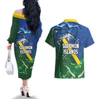 Solomon Islands Polynesian Tribal Shark and Crocodile Couples Matching Off The Shoulder Long Sleeve Dress and Hawaiian Shirt LT03 - Polynesian Pride