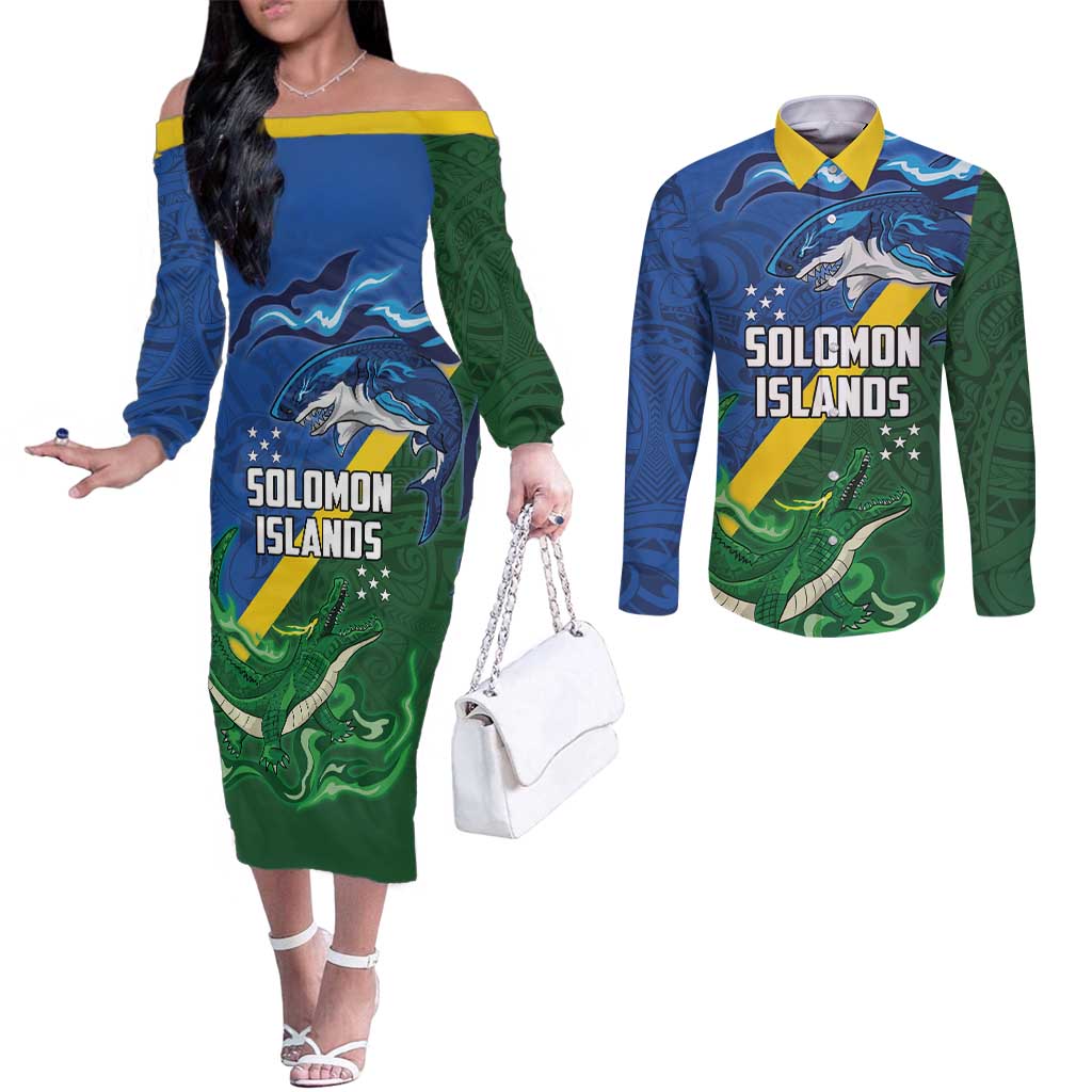 Solomon Islands Polynesian Tribal Shark and Crocodile Couples Matching Off The Shoulder Long Sleeve Dress and Long Sleeve Button Shirt LT03 Blue - Polynesian Pride