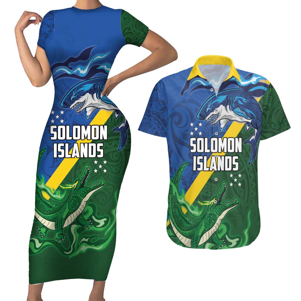 Solomon Islands Polynesian Tribal Shark and Crocodile Couples Matching Short Sleeve Bodycon Dress and Hawaiian Shirt LT03 Blue - Polynesian Pride