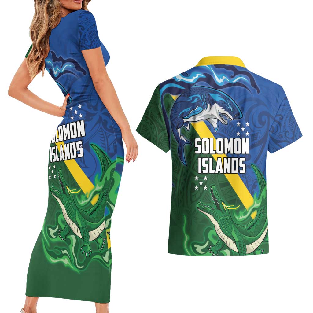 Solomon Islands Polynesian Tribal Shark and Crocodile Couples Matching Short Sleeve Bodycon Dress and Hawaiian Shirt LT03 - Polynesian Pride