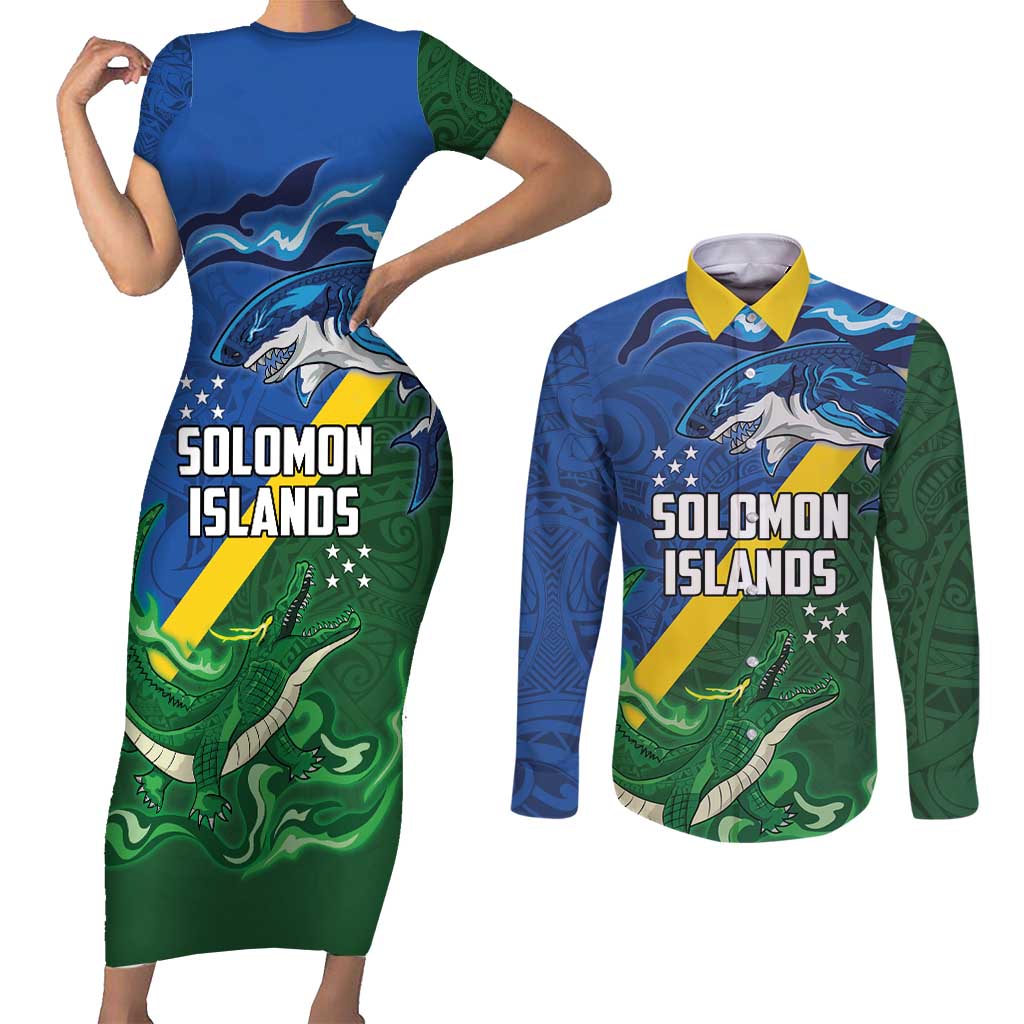 Solomon Islands Polynesian Tribal Shark and Crocodile Couples Matching Short Sleeve Bodycon Dress and Long Sleeve Button Shirt LT03 Blue - Polynesian Pride