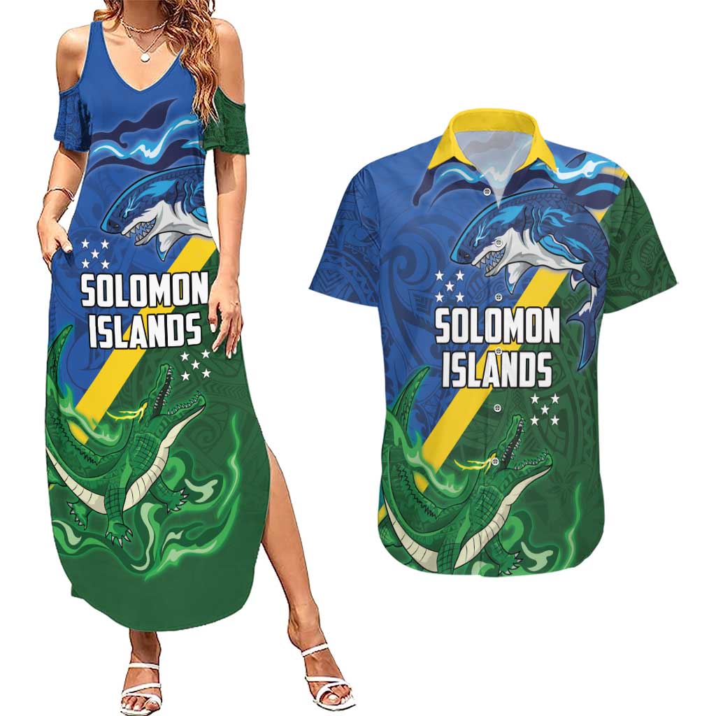 Solomon Islands Polynesian Tribal Shark and Crocodile Couples Matching Summer Maxi Dress and Hawaiian Shirt LT03 Blue - Polynesian Pride